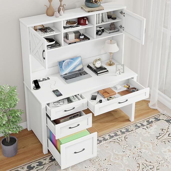 Farmhouse 67" H Executive Desk with Hutch,Office Desk with 4 Drawers and LED Light, Wood Workstation for Home Office and Study, Computer Desk with File Drawers, Charging Station.Cream White