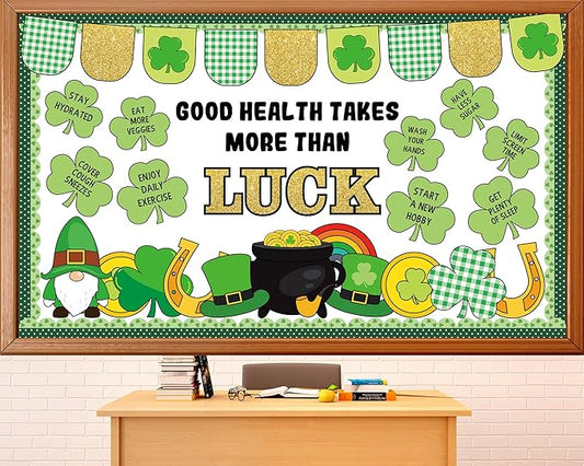 St. Patrick's Day Healthy Bulletin Board Set Lucky Shamrock Classroom Decoration Clover Leprechaun Hat Gold Coin Jar St.Patrick's Paper Cutouts for Teachers School Chalkboard Wall Decor