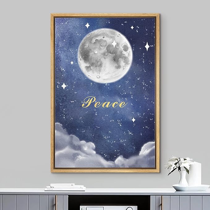 IDEA4WALL Framed Canvas Print Wall Art Peace Watercolor Galaxy with Silver Moon Astronomy & Space Sky Illustrations Modern Art Glam Colorful Ultra for Living Room, Bedroom, Office - 16"x24" NATURAL