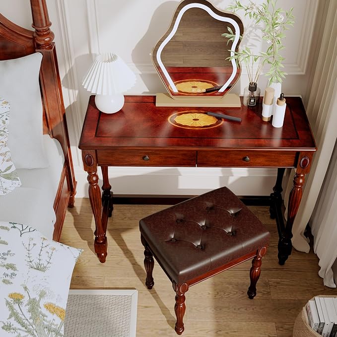 Solid Wood Computer Writing Desk with 2 Storage Drawers, Traditional Vanity Dressing Table, Small Home Office Desk, Corner Table, Easy Assembly 39.37” x 15.74” x 30.9” Cherry Red Walnut SSZ1533WD
