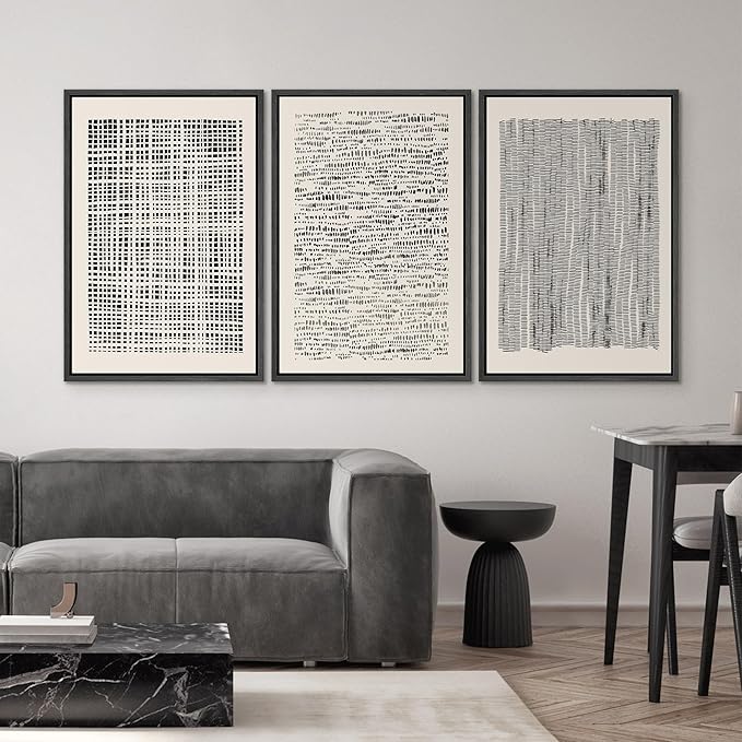 SIGNWIN Framed Canvas Print Wall Art Set Geometric Dark Black Grid Wave Pattern Abstract Shapes Cozy Neutral Modern Art Decorative Contemporary for Living Room, Bedroom, Office - 24"x36"x3 Black
