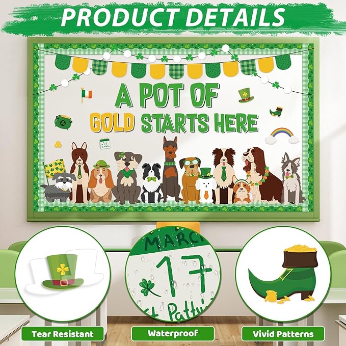 St.Patrick's Day Pet Dog Bulletin Board Set Puppy Classroom Decoration Lucky Shamrock Clover Gold Coin Cute Dog Bulletin Board St. Patricks Cutouts for Irish Home Classroom Chalkboard Wall Decor