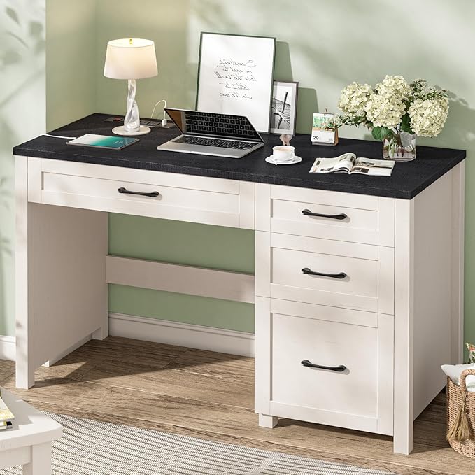 Vabches Farmhouse 47" Executive Desk with 4 Drawers, Computer Desk with File Drawer and Charging Station, Workstation for Home Office, Study.（Black）