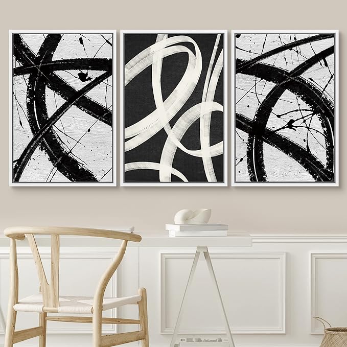 SIGNWIN Framed Canvas Print Wall Art Set Geometric Duotone Ring Landscape Graffiti & Street Art Abstract Illustrations Modern Art Decorative Nordic for Living Room, Bedroom, Office - 24"x36"x3 White