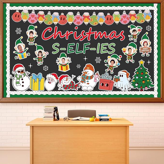 Christmas Elf Bulletin Board Decorations Set Xmas Elf DIY Photo Crafts for Kids Winter Snowman Xmas Ball Elf Cutouts for Classroom Wall Decor Holiday Festival Party Classroom Office School Wall Door