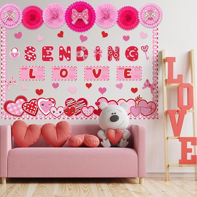 Valentine's Day Bulletin Board Set Sending Love Classroom Decorations Pink and Red Mail Romantic Heart Cutouts with Paper Fans for Door Wall Decor Holiday Wedding Birthday Party Display