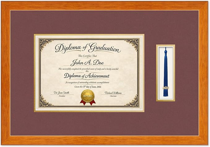 Diploma Frame with Tassel Holder Honey Oak Shadowbox Dark Red Over Gold Mat - Fits 11.69 x 8.27 Degree Made in the USA