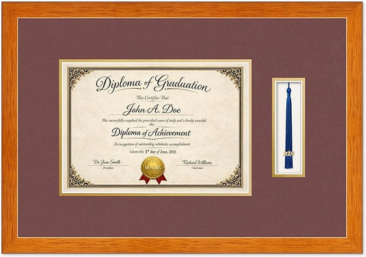 Diploma Frame with Tassel Holder Honey Oak Shadowbox Dark Red Over Gold Mat - Fits 11.69 x 8.27 Degree Made in the USA