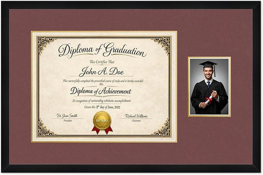 Diploma Frame With Photo Opening Matte Black Dark Red Over Gold Mat - Fits 17 x 13 Degree and Picture Made in the USA