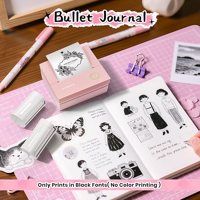 Sticker Printer, PM290C Thermal Mini Printer, Bluetooth Print Pod with 3 Rolls of Paper, Portable Print Pods for Phone & Tablet, Sticker Maker Machine for Notes, Photos, Journal, Rose Pink