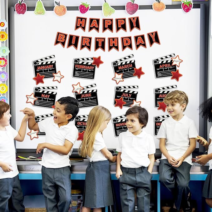 JarThenaAMCS 85Pcs Happy Birthday Bulletin Board Set Movie Night Calendar Poster Movie Stars Classroom Birthday Chart for Back to School Decorations