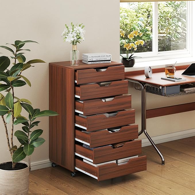 7 Drawer File Cabinet, 34.5" Vertical Storage Drawer Cart, Under Desk Office Organizer, Wooden Printer Stand, Rolling Filing Cabinet for Home Office (Walnut)
