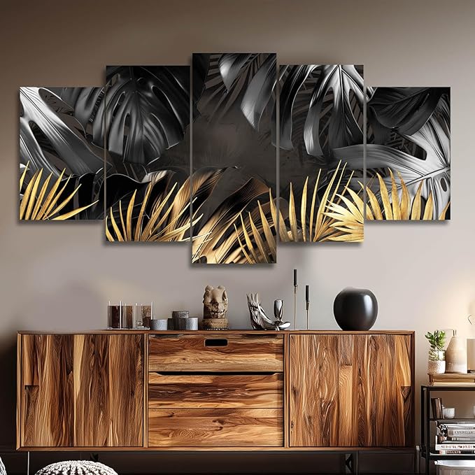 Black and Gold Leaves Painting Wall Decor for Living Room Nature Canvas Art Modern Artwork Framed Prints for Home Bedroom Picture Poster 5 Pieces Ready to Hang (12"x20"x2pcs+12"x28"x2pcs+12"x32")