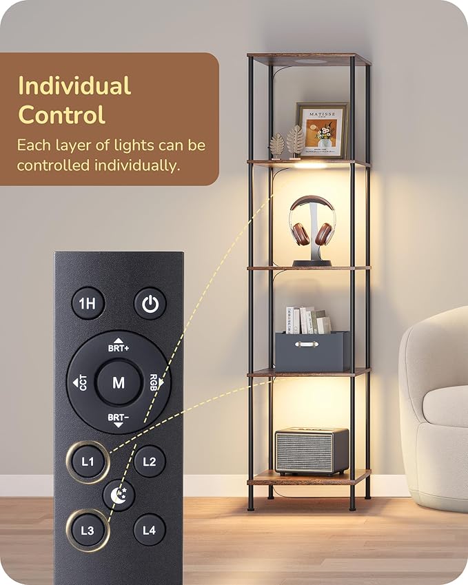 EDISHINE RGBW Standing Lamp, 5-Tier Display Shelf with Light, Adjustable Brightness & Color Temperature, 3 Lighting Modes, Remote Control, Stable Floor Lamps for Living Room, Fire-Burned Wood Color