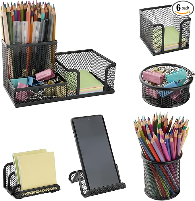 Desk Organizer for Office, 6 Pieces Mesh Desk Multi-functional Storage Set Office Supplies Accessories (Black)