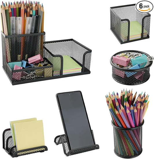 Desk Organizer for Office, 6 Pieces Mesh Desk Multi-functional Storage Set Office Supplies Accessories (Black)