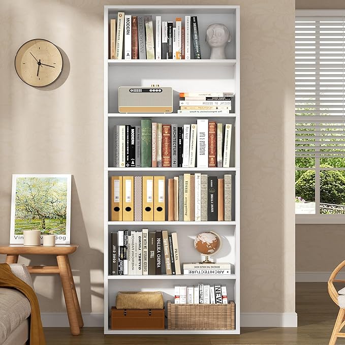 Shintenchi Bookshelf,6-Tier Open Bookcase and Bookshelves,6 Shelf Display Storage Shelves Floor Standing 70.6 inches Tall Bookcase for Home Office, Living Room (White)
