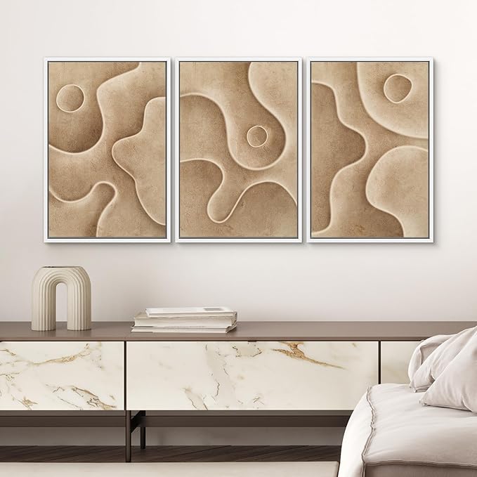 SIGNWIN Framed Canvas Print Wall Art Set Textured Sand Art Organic Curved Shapes in Neutral Tones Illustrations Modern Art Decorative Abstract for Living Room, Bedroom, Office - 24"x36"x3 White