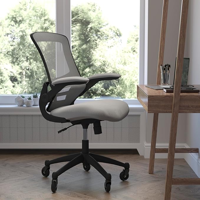 Flash Furniture Kelista Mid-Back Dark Gray Mesh Swivel Ergonomic Task Office Chair with Flip-Up Arms and Transparent Roller Wheels