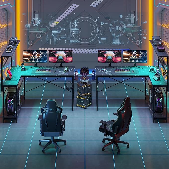 Bestier Gaming Desk 51" L-Shaped, with Power Outlets & LED Lights- 4 Tier Shelves, Reversible Gamer Table with Hooks & Cup Holder for Home Office Black Marble