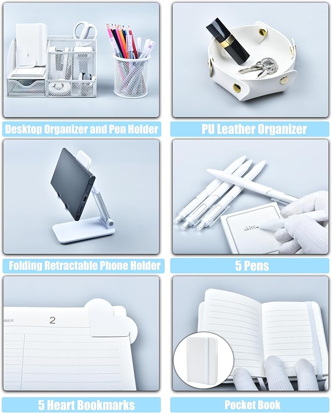 White Desk Accessories, 25Pcs White Office Supplies and Desk Organizers, with Tape Dispenser, Stapler, Staple Remover, Ect, Gift Box Packaging