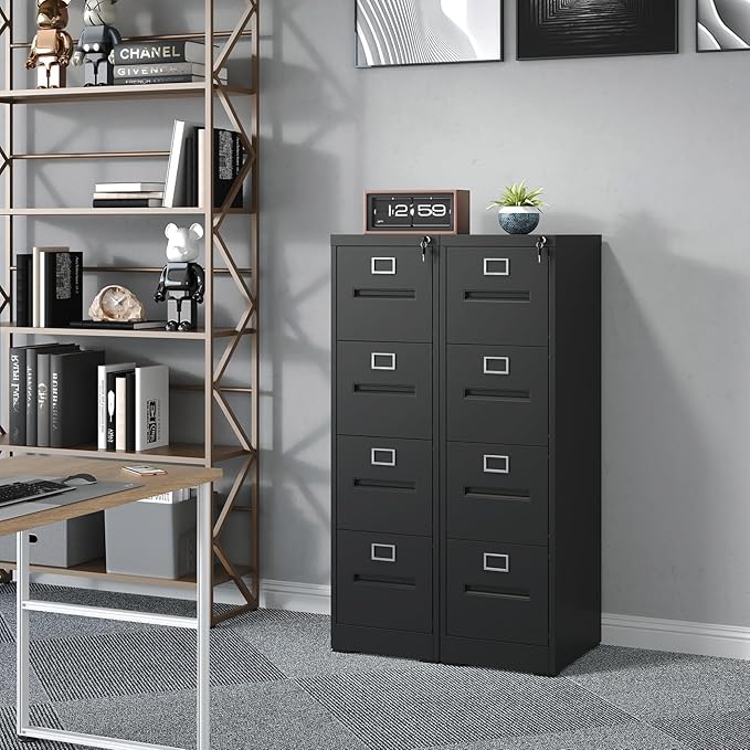 4 Drawer Filing Cabinet with Lock and Card Slot, Locking Vertical File Cabinet for Home Office, Small Metal File Cabinets for Hanging Legal Letter File Folders, Assembly Required(Black)