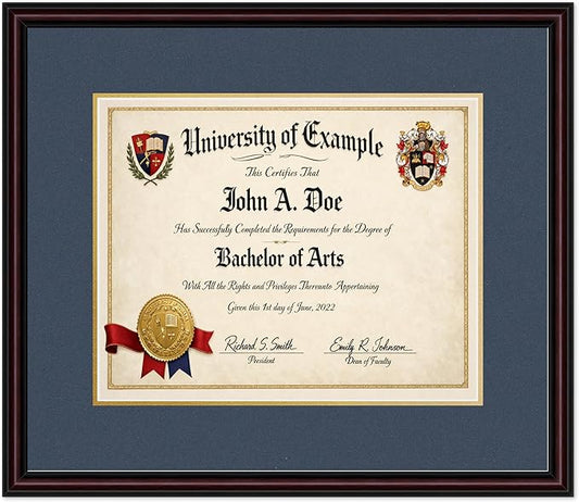 CountryArtHouse Diploma Frame Fits 15 x 12 Military/Government - Keepsake Graduation Display Executive Brown Genuine Hardwood with Navy Blue Over Metallic Gold Double mat