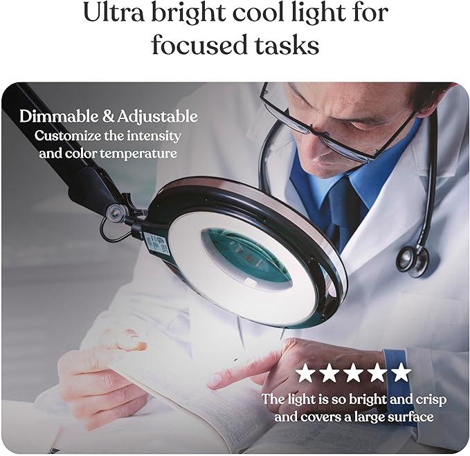 Brightech Lightview Pro Magnifying Glass with Stand & Light, Magnifying Floor Lamp with 6-Wheel Rolling Base for Facials & Lashes – Dimmable LED Work Light for Crafts, Sewing, and Projects - 5 Diopter
