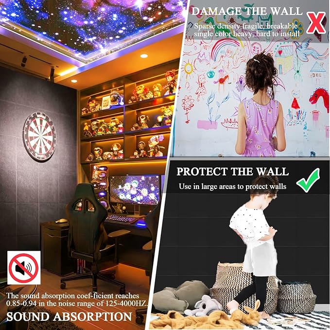 Cork Board for Walls 36" x 24", Black Bulletin Boards, 6 Pack Felt Cork Tiles with Removable Adhesive & 30 Pushpins, Cork Boards for Office, Home, Classroom, Kids Room