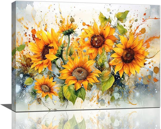 yerretin Sunflower Wall Art Watercolor Pictures Wall Decor Rustic Sunflower Canvas Farmhouse Print Artwork Home Decorations for Living Room Bedroom Bathroom Office Framed 16"x12"