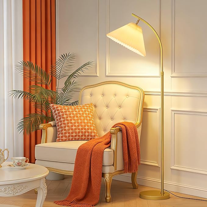 Adjustable Floor Lamp for Living Room, 61"-68" Tall Standing Lamp with Pleated Shade, Modern Gold Floor Lamp with 9W LED Dimmable 3-Color (3000K/4500K/6000K), Reading Corner Lamp for Bedroom Office