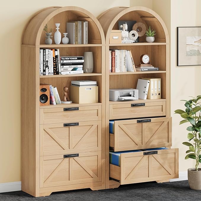 Arched Farmhouse File Cabinet with 2 Drawers for Legal, Letter, and A4 Size Hanging Files, Large Wooden File Cabinet for Home Office with Printer Stand and Bookshelf, Natrual