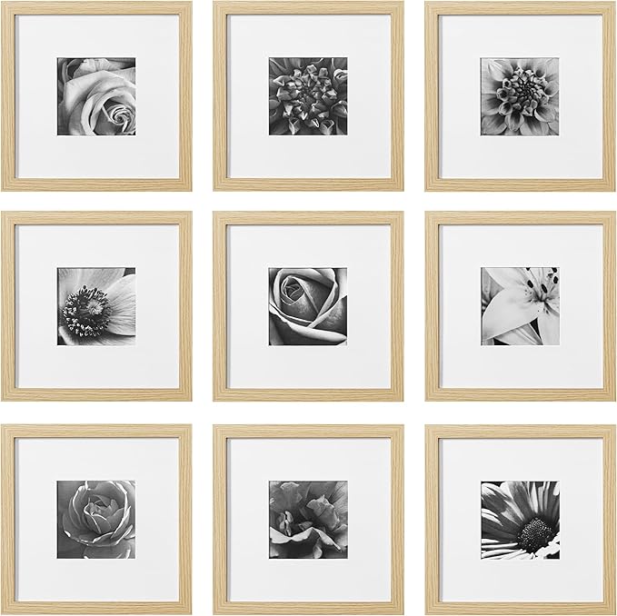 eletecpro 10x10 Picture Frames Set of 9 with Mat for 5x5 Photos or without Mat for 10x10, Square Gallery Wall Decor Collage for Picture Display, Natural Frame Set for Wall Hanging