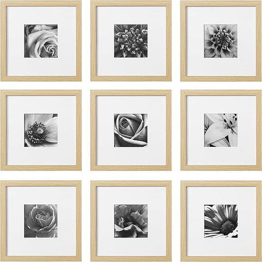 eletecpro 10x10 Picture Frames Set of 9 with Mat for 5x5 Photos or without Mat for 10x10, Square Gallery Wall Decor Collage for Picture Display, Natural Frame Set for Wall Hanging