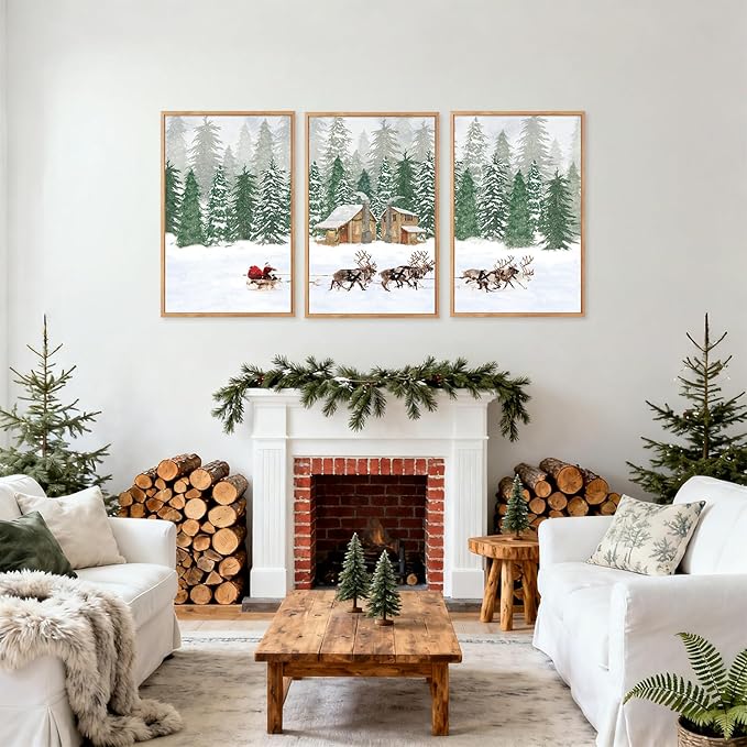 CHDITB Santa Claus Reindeer Sleigh Framed Canvas Wall Art(16"x24"), 3 Panels Christmas Winter Holiday Artwork Prints, Large Rustic Xmas Gift Snow Scene Forest Landscape Decor for Home Office Bedroom
