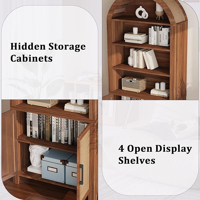 71" Tall Arched Bookcase with Storage, Mid-Century Modern 6-Tier Cabinet with Door, Arched Bookshelf Cabinet with Open Display Storage Shelf for Office Living Room (Walnut)