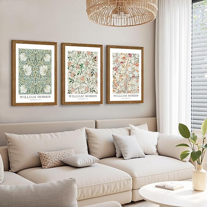 InspiredHues 3 Pieces William Morris Classic Canvas Wall Art, Green Pink and White Floral Design Wall Decor, Vintage Botanical Art Prints for Living Room Office Home Decoration 16x24 inch Wood Framed