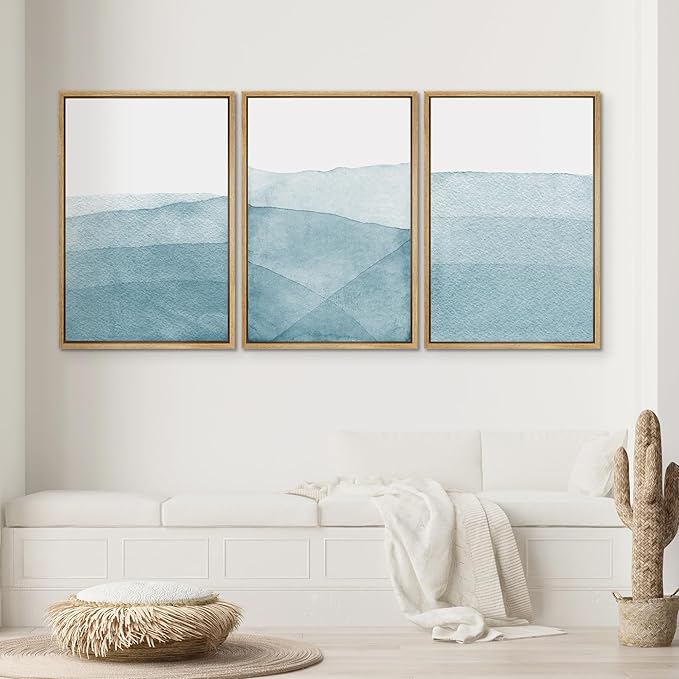 SIGNWIN 3 Piece Framed Canvas Wall Art Blue Wash Brushstroke Watercolor Nature Wilderness Illustrations Abstract Traditional Home Artwork Decoration for Living Room,Bedroom - 24"x36"x3 Natural