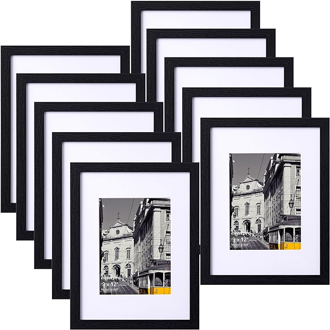 eletecpro 9x12 Picture Frames Set of 10, Picture Frame Collage Wall Decor Display 6x8 Photo with Mat or 9x12 without Mat, Home Decor Gallery Frame for Table Top or Wall Mounting, Black