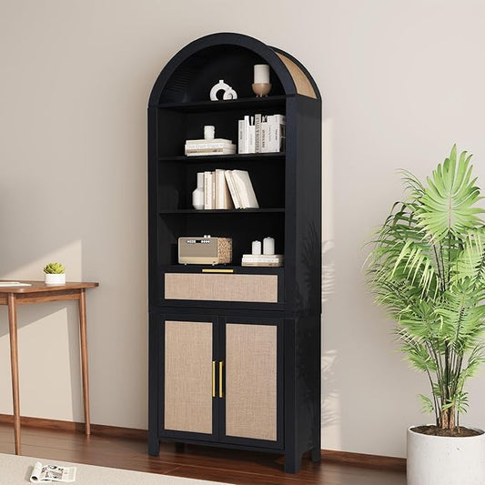 79" Tall Arched Bookcase with Storage, Mid Century Modern 6-Tier Cabinet with Door and Drawer, Arched Bookshelf with Open Display Shelf for Office Living Room(Black, 79inch-Doors)