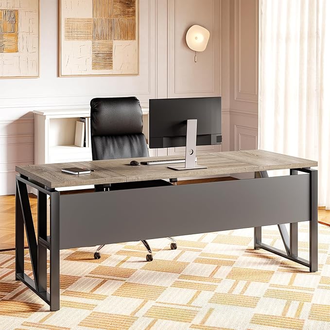 LITTLE TREE 63-Inch Executive Office Desk, Large Computer Desk with Storage Shelf, Executive Desk with Metal Frame, Study Writing Desk Work Station for Home Office, Grey + Black