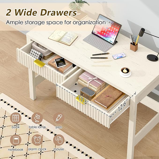 Fluted Computer Desk with 2 Drawers, 39 Inch Small Computer Desk with Storage, Compact Writing Study Vanity Desk for Small Spaces, Antique White