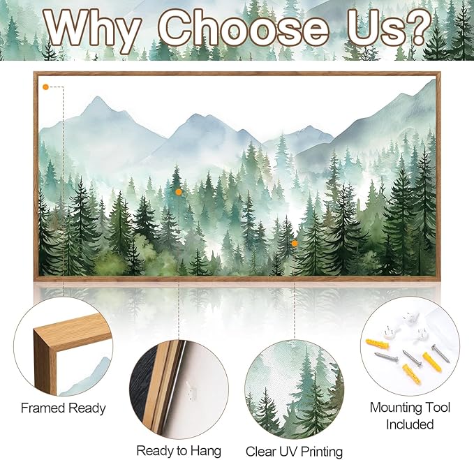 CHDITB Mountain Landscape Framed Canvas Wall Art(40"x20"), Boho Nature Forest Artwork Prints, Large Abstract Modern Green Pine Trees Art Decor for Bedroom Living Room Office