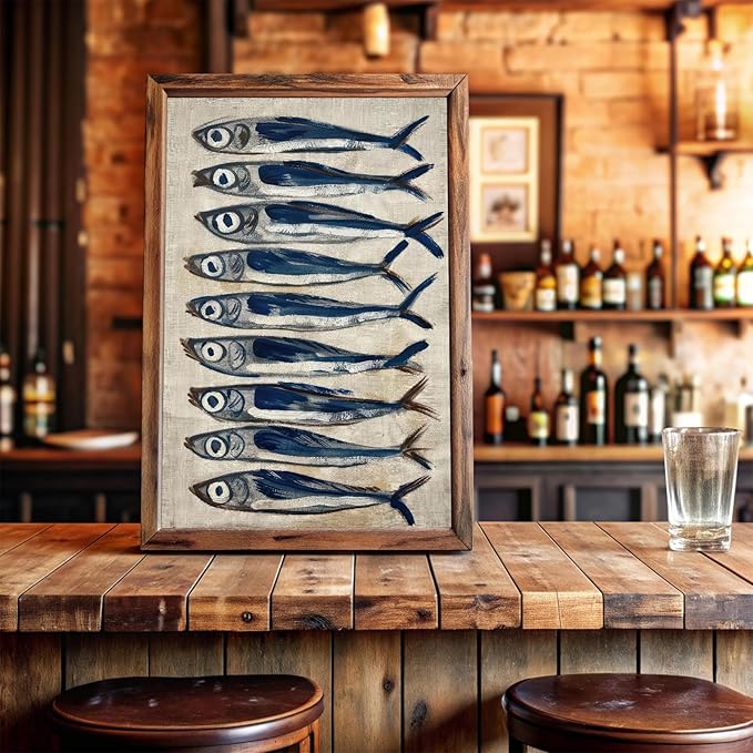 Vintage Canvas Wall Art Decor, Sardine Still Life Farmhouse Wall Prints for Kitchen, Nautical Fish Coastal Home Art, Rustic Posters for Living Room Aesthetic, Unframed Painting Artwork, 16"x24"