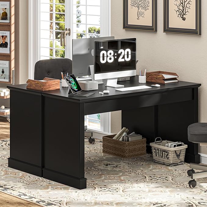 Farmhouse 59" Executive Computer Desk, Simple and Spacious Workstation for Remote Work & Study, Home Office, Pure Black