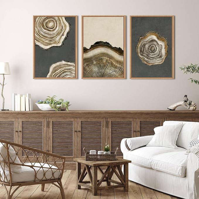 Ausril Tree Ring Framed Canvas Wall Art Set of 3- Brown and Gray Abstract Wood Tree Ring Print, 16"×24" Modern Wall Decor for Living Room, Bedroom, Office - Vintage Minimalist Gray Wood Painting