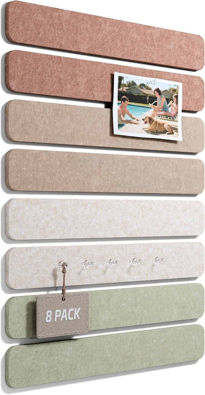 Fluxynara Cork Board Alternative Felt Strip Board 8-Pack 13"x2", Office Pin Board with 50 Push Pins, Adhesive Install for Bedroom Door & Home Office(Boho)