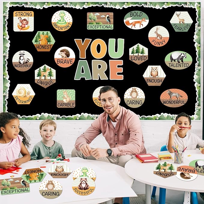 gisgfim Woodland Animals Inspirational Bulletin Board Decorations Set Jungle Safari Animal Motivational Paper Cutouts Woodland Animal Positive Bulletin Board Decor for Teacher School Chalkboard Wall