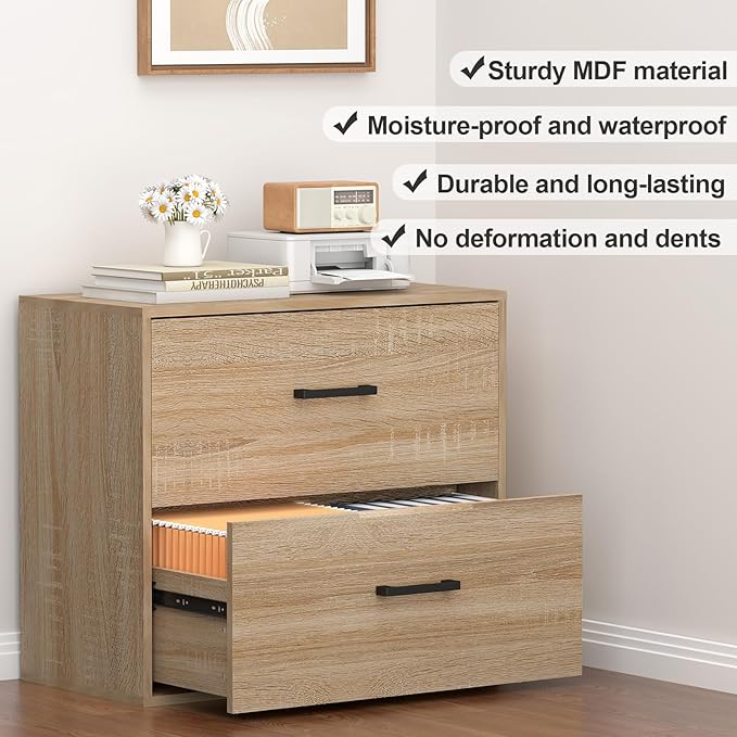 2 Drawer File Cabinet, Wood Lateral Filing Cabinet, Office File Cabinets for Letter/Legal Size, Printer Stand with Storage Drawer for Home Office, Oak