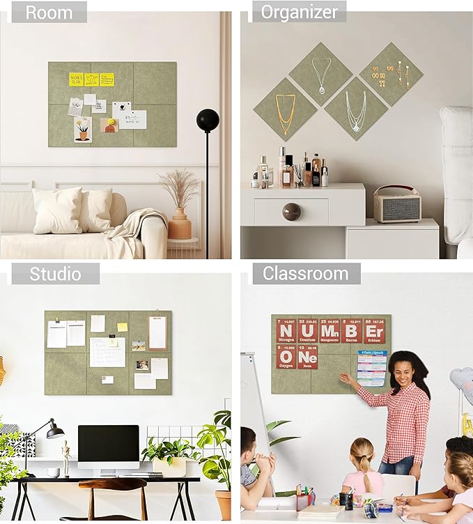 1/2" Thick Cork Board for Office, 6 Pack Felt Wall Tiles -28"x18" with Safe Adhesive Tabs, Large Bulletin Board, Push Pin Board Organizer Wall - Sage Green
